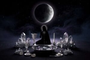 Candles and crystals arranged on a wooden surface during a new moon phase for setting intentions.