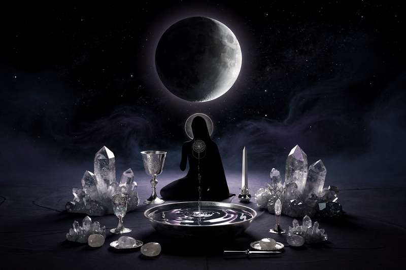 Candles and crystals arranged on a wooden surface during a new moon phase for setting intentions.