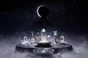 Lunar phase cycle showing dark new moon with surrounding stars and cosmic energy visualization.