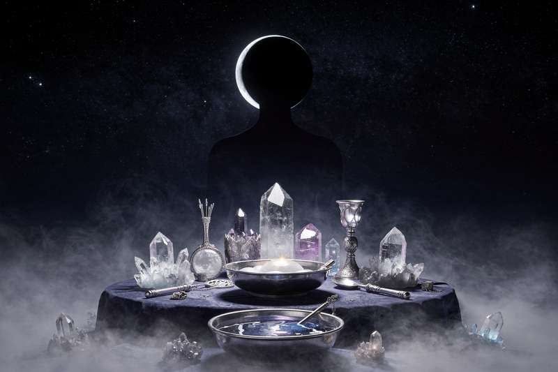 Lunar phase cycle showing dark new moon with surrounding stars and cosmic energy visualization.