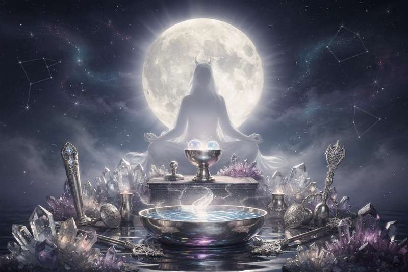 Woman performing full moon manifestation ritual with candles and crystals outdoors under moonlight.