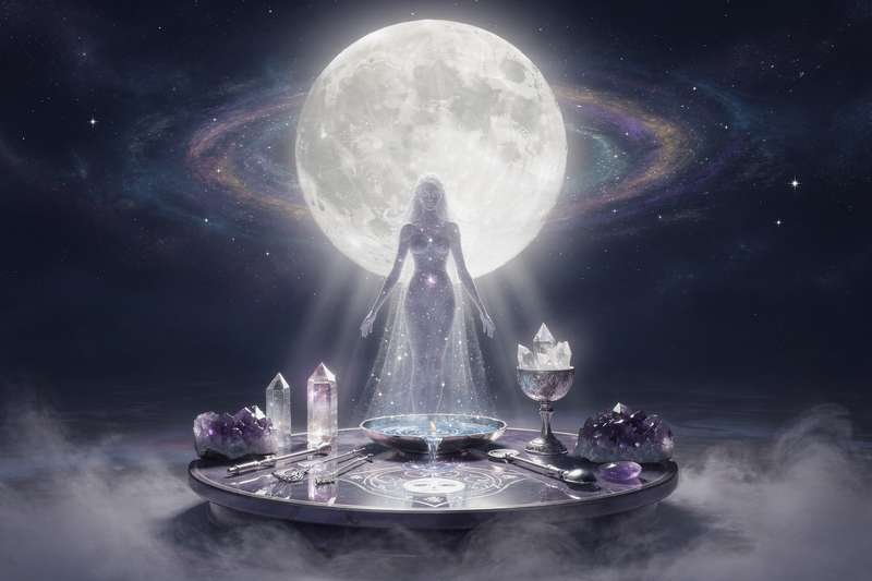 Woman holding crystals and herbs during a full moon ritual for spiritual cleansing and personal transformation.