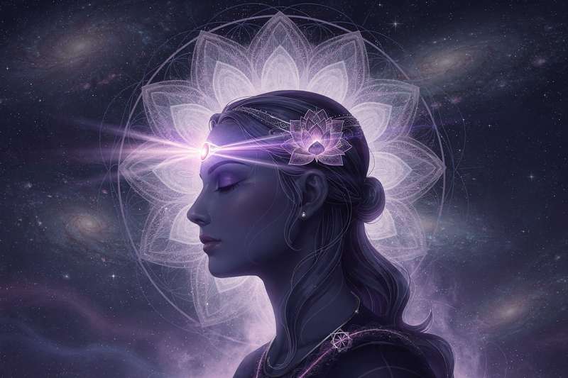 Person meditating with focus on the center of forehead during spiritual awakening practice.