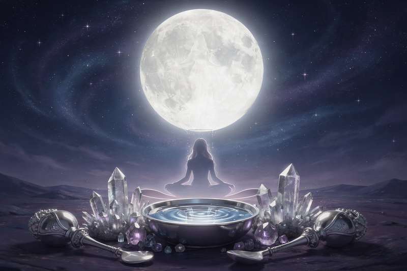 Glowing full moon in night sky surrounded by candles and crystals arranged on a ritual altar.