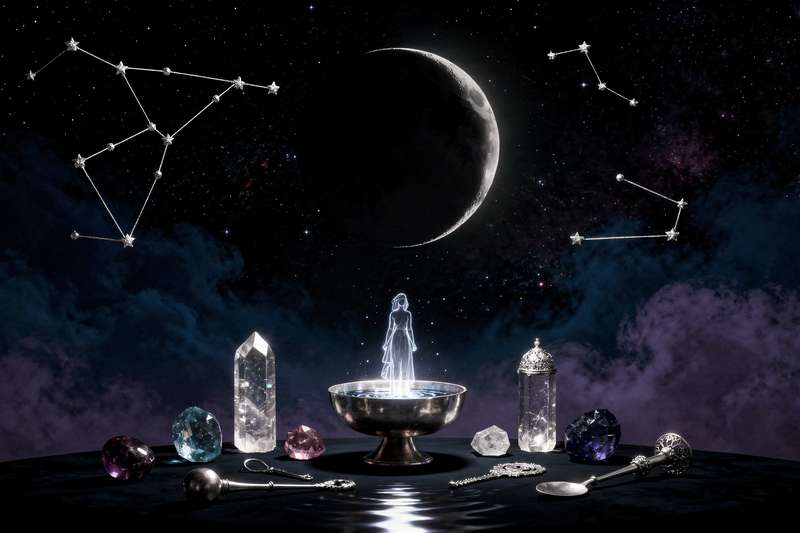 Candlelit ritual space with crystals arranged in circle during new moon darkness.