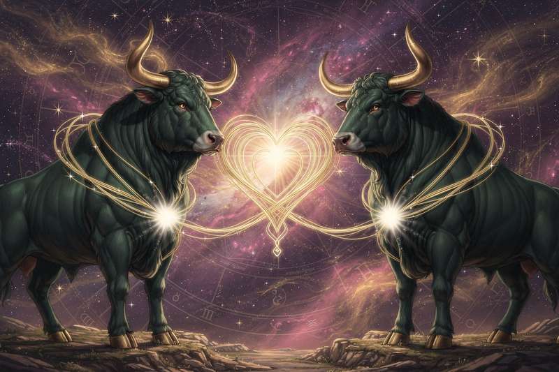 Two Taurus zodiac symbols facing each other representing romantic compatibility and partnership between earth signs.