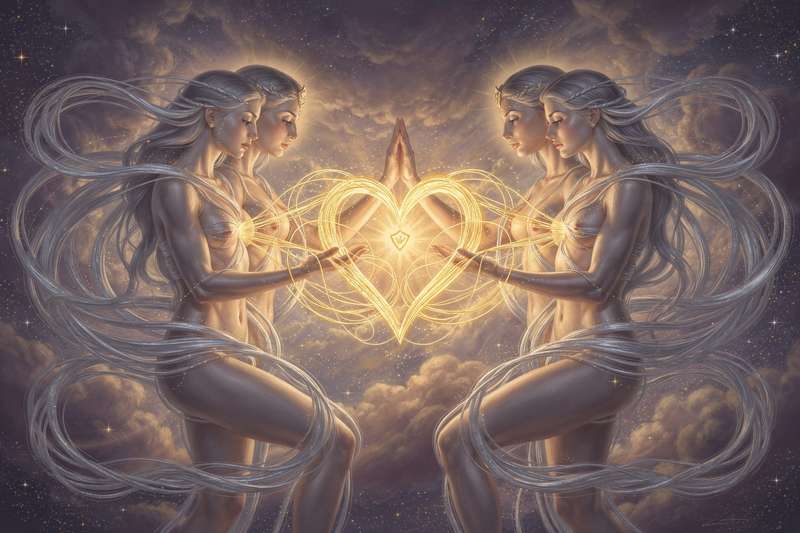 Two Gemini zodiac symbols facing each other representing dual air sign compatibility and communication dynamics.