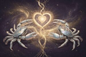 Two Cancer zodiac symbols intertwined, representing emotional connection and compatibility between two water signs.
