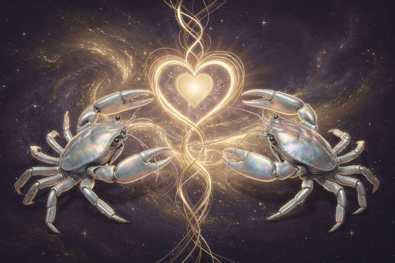 Two Cancer zodiac symbols intertwined, representing emotional connection and compatibility between two water signs.