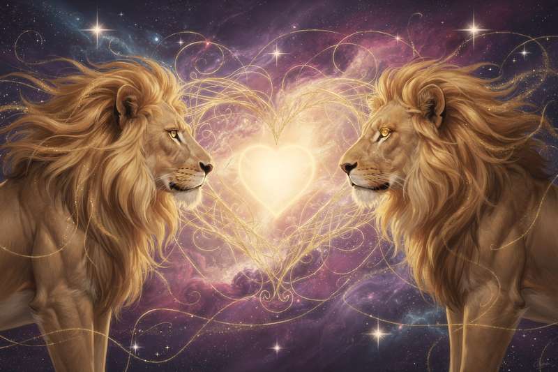Two lions facing each other with crowns and golden auras representing Leo zodiac compatibility and mutual understanding.