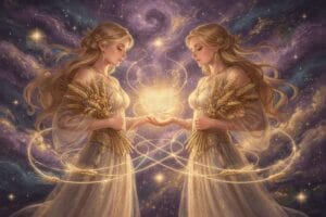 Two Virgo zodiac symbols representing analytical earth sign traits and shared values in romantic partnerships.