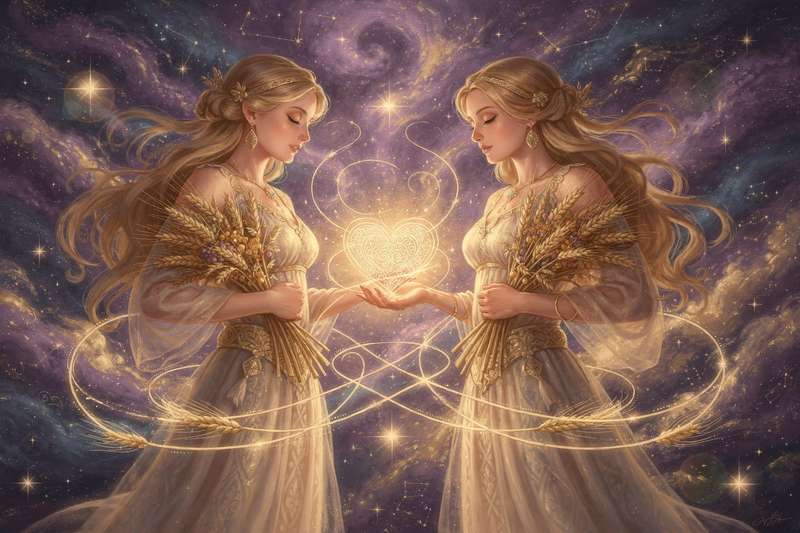 Two Virgo zodiac symbols representing analytical earth sign traits and shared values in romantic partnerships.
