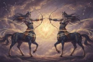 Two archers standing back to back under a starry night sky, representing shared Sagittarius energy and compatibility.