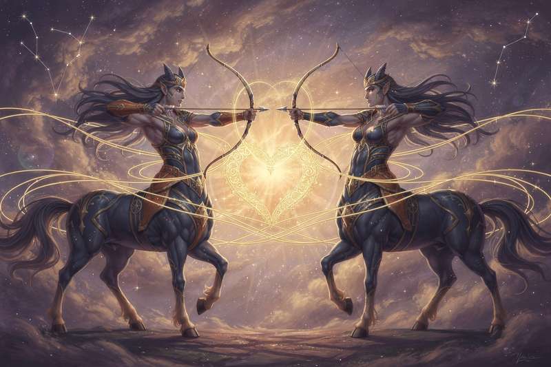 Two archers standing back to back under a starry night sky, representing shared Sagittarius energy and compatibility.