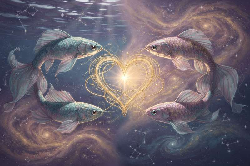 Two Pisces zodiac symbols swimming together in a mystical water setting.