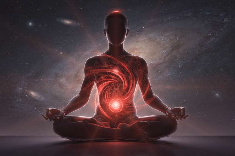 Red and black grounding crystals arranged for root chakra energy balancing and stability.