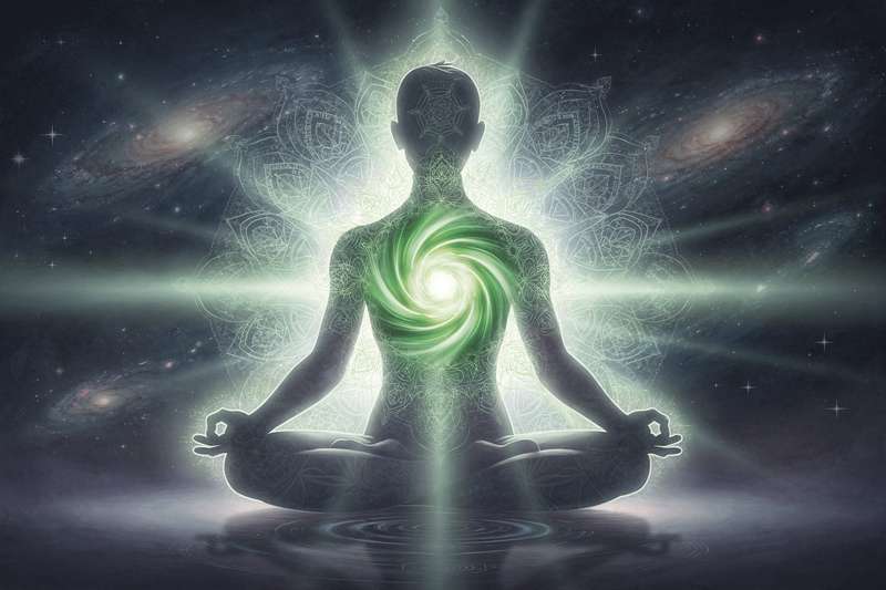 Green and pink glowing energy radiating from the heart center of a meditating figure in lotus position.