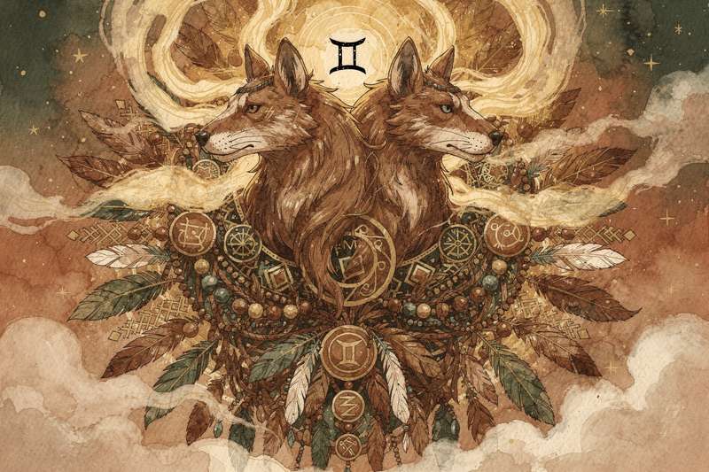 Symbolic representation of dual-natured Gemini spirit animals guiding the zodiac's most versatile and communicative personalities.