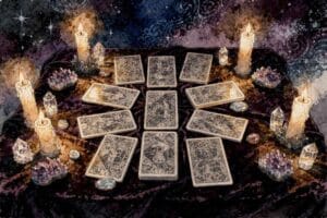 Six tarot cards arranged in a circular pattern representing self-love and personal acceptance journey.