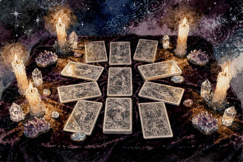 Six tarot cards arranged in a circular pattern representing self-love and personal acceptance journey.