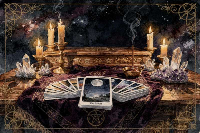 Tarot spread layout with cards representing communication, duality, and intellectual themes relevant to Gemini zodiac sign.