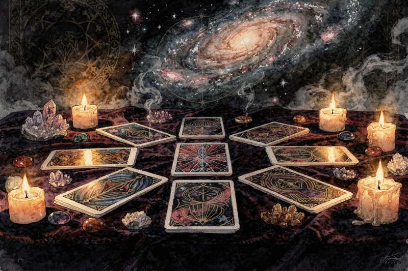 Five beginner-friendly tarot card spreads arranged in a simple layout for learning divination.