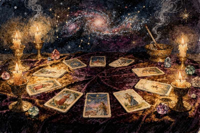 Ten tarot cards arranged in a spread layout representing stages of personal growth and self-discovery.