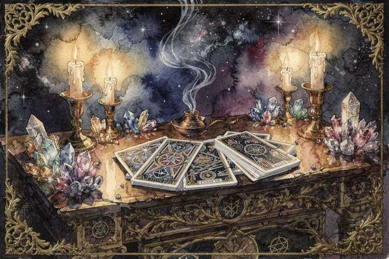 Tarot reading layout illustrating water sign compatibility between Scorpio and Pisces zodiac signs.