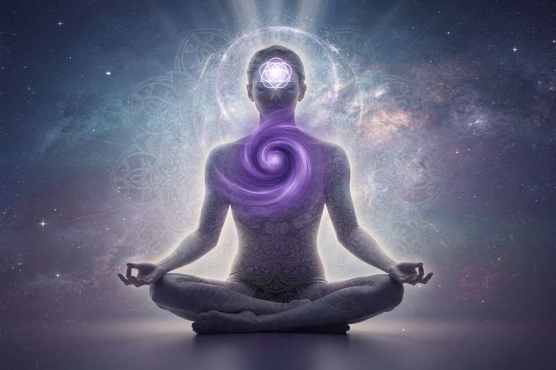 Purple amethyst crystal positioned on the forehead area to activate third eye chakra and enhance intuitive abilities.