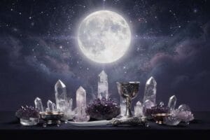 Dried herbs and botanicals arranged in a circle under moonlight for lunar magic rituals.