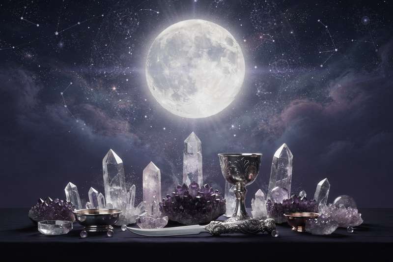 Dried herbs and botanicals arranged in a circle under moonlight for lunar magic rituals.