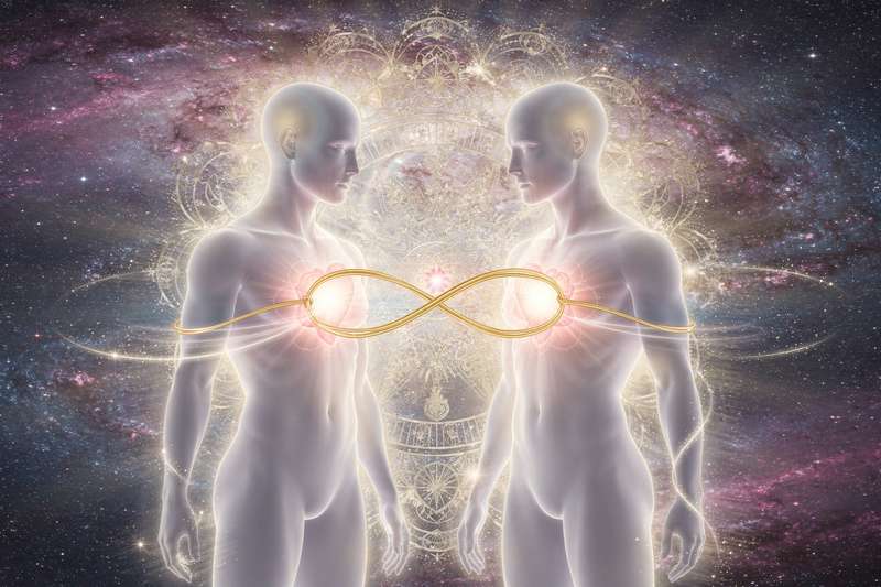 Two souls connected by light during a moment of spiritual transformation and recognition.