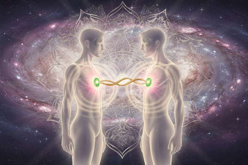 Silhouette of two people facing each other with glowing hearts, representing spiritual connection and twin flame relationships.