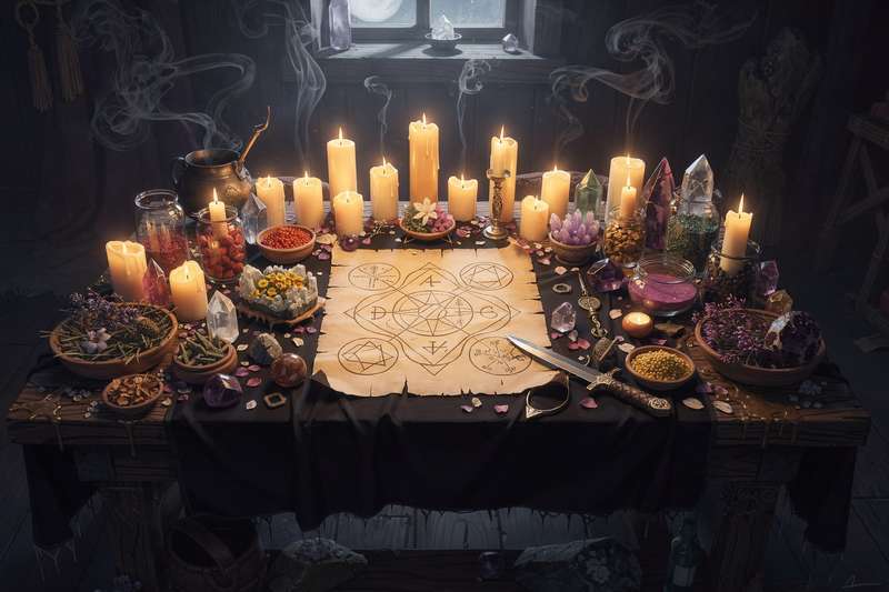Hedge witch performing spiritual journey work with protective herbs and divination tools.