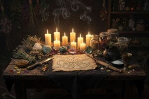 Colorful herbs and crystals arranged on a wooden surface representing personalized witchcraft practice.