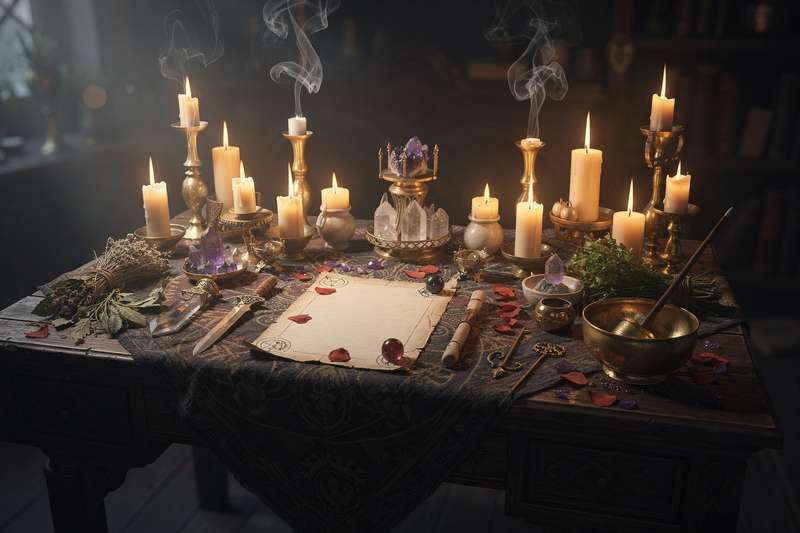 Solitary practitioner meditating with crystals and candles during a personal ritual ceremony.
