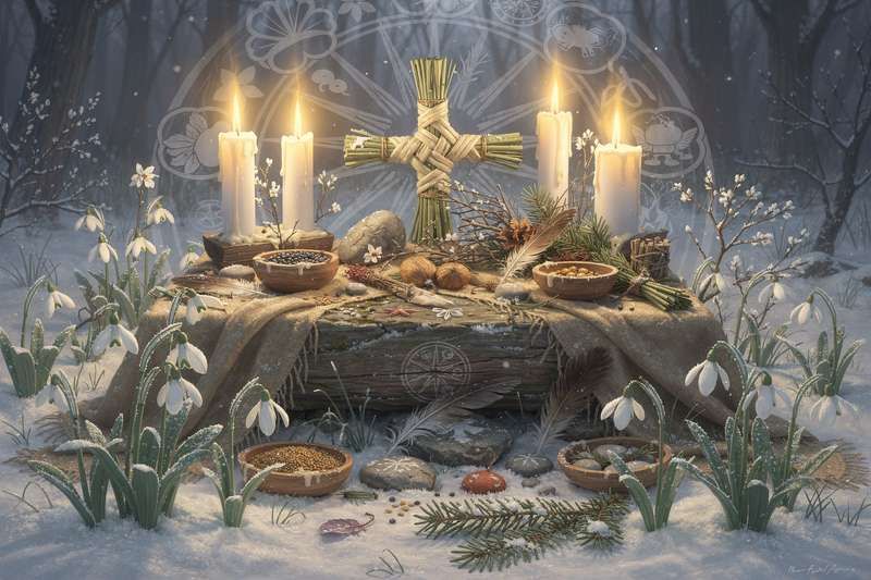 Candles and spring flowers arranged on an altar for Imbolc celebration honoring the goddess Brigid.
