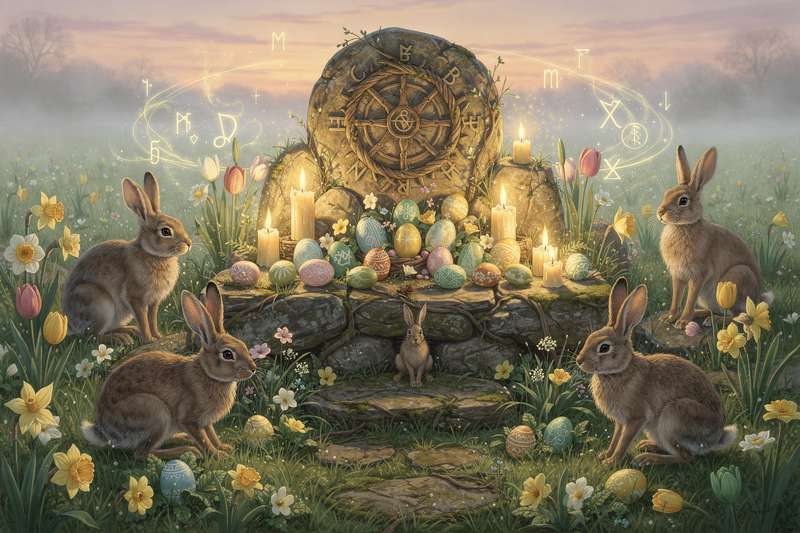 Spring equinox altar setup with candles, fresh flowers, and seasonal herbs for balance rituals.