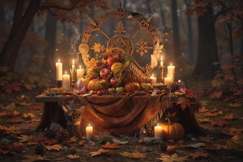 Autumn harvest altar with candles, fallen leaves, and seasonal fruits arranged for equinox celebration.