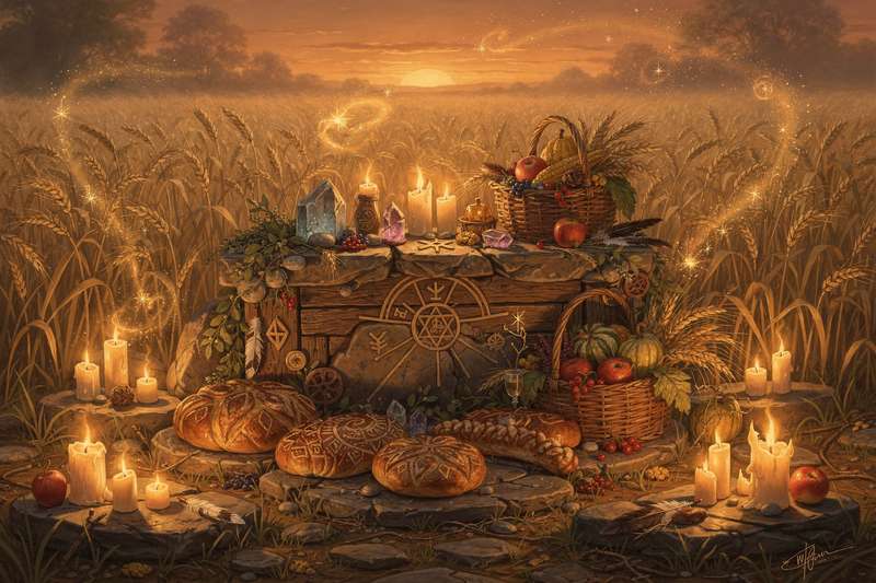 Candlelit altar with grain bundles, golden wheat, and harvest herbs arranged for Lughnasadh celebration.