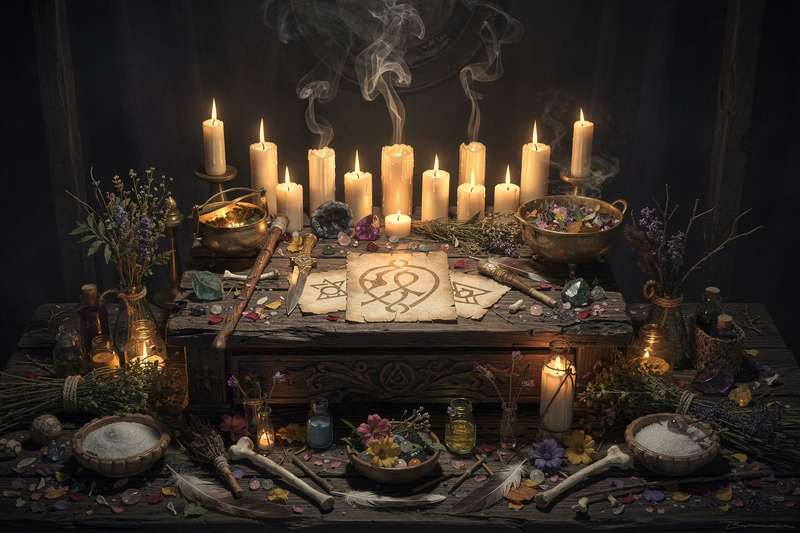 Colored candles and crystals arranged by hue for witchcraft spellwork and ritual practices.