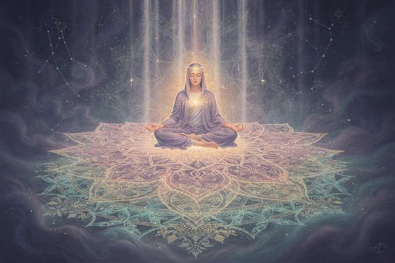 Woman meditating with eyes closed while holding tarot cards in her hands.