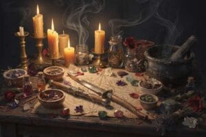 Colorful candles arranged in a circle representing different magical intentions and witchcraft practices.