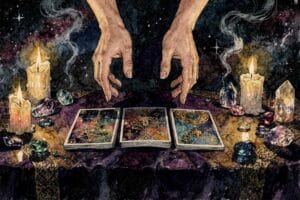 Tarot reader performing a professional card spread with clear intuition and client connection.