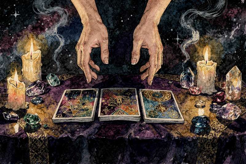 Tarot reader performing a professional card spread with clear intuition and client connection.