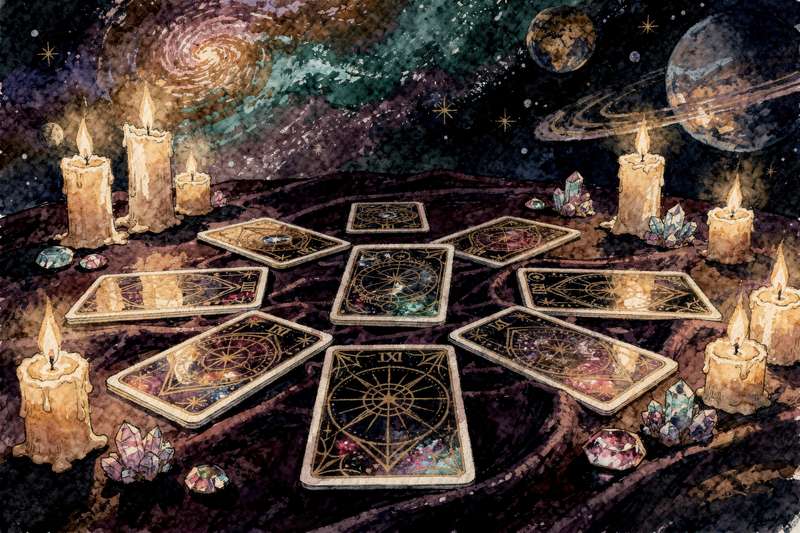 Tarot cards arranged in a strategic spread layout for business planning and decision-making guidance.