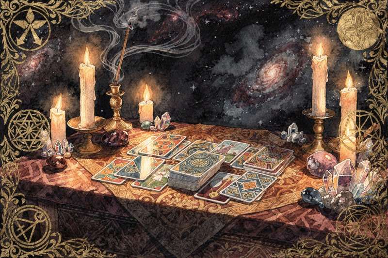Beginner tarot reader laying out cards in a spread on a table for personal guidance.