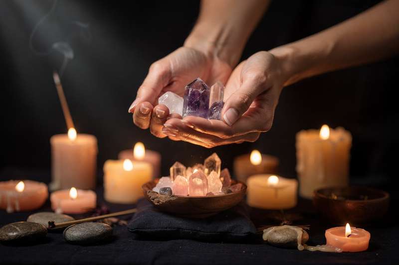 Purple amethyst and clear quartz crystals arranged on a meditation cloth for astral projection practices.
