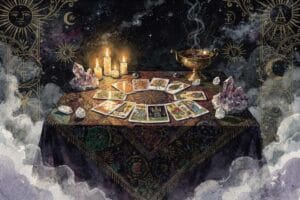 Spread of tarot cards laid out for weekly guidance and interpretation during July.