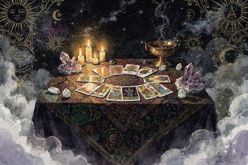 Spread of tarot cards laid out for weekly guidance and interpretation during July.